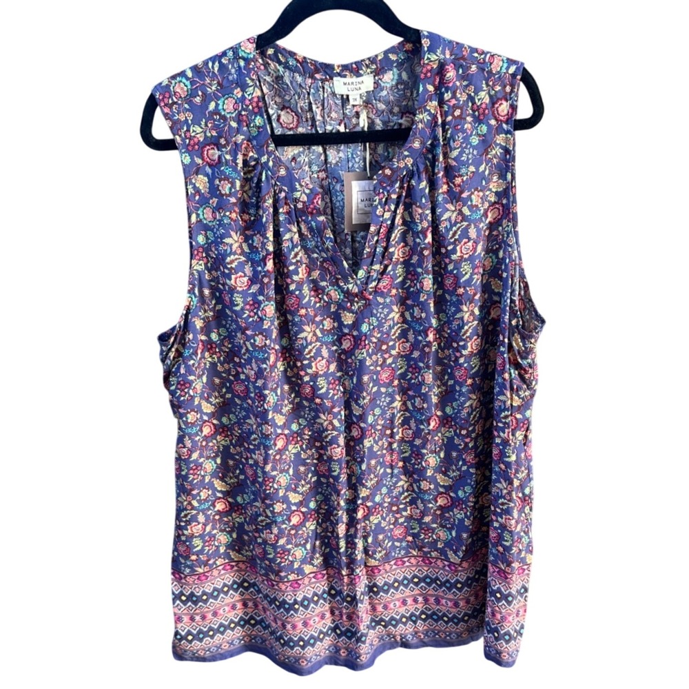 Marina Luna Purple Floral Sleeveless Blouse Split Neck Rayon Top Plus 3X NWT